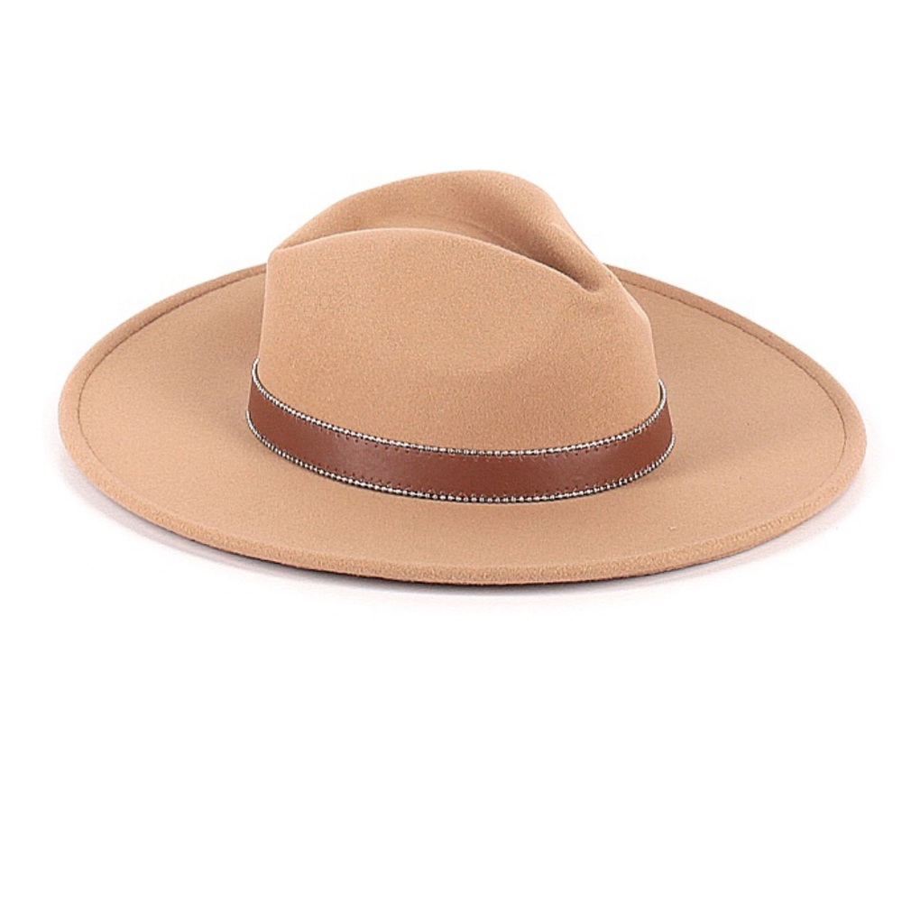 Tan Fedora Winter Wide Brim Hat w/ Faux Leather Trim outlined w/ Silver Studs OS